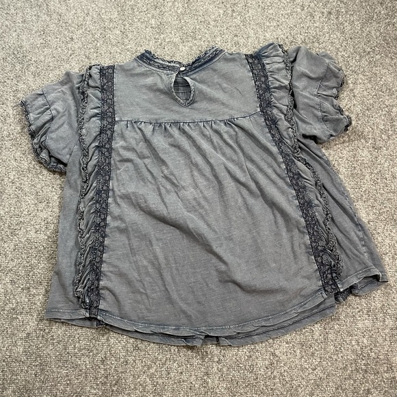 Free People Le Femme Ruffled Pintuck Top Blouse Med Blue Boho Babydoll Peasant - Picture 3 of 12
